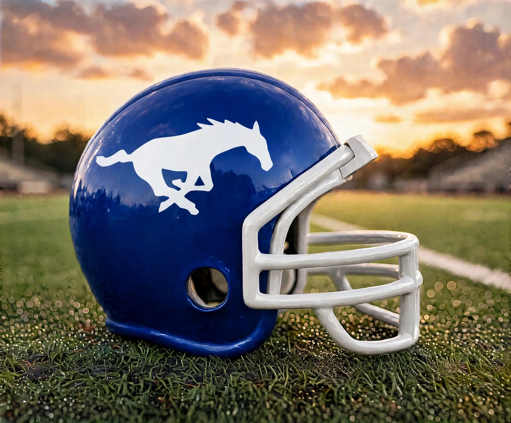 Royal blue custom spirit helmet with white mustang decal and white facemask