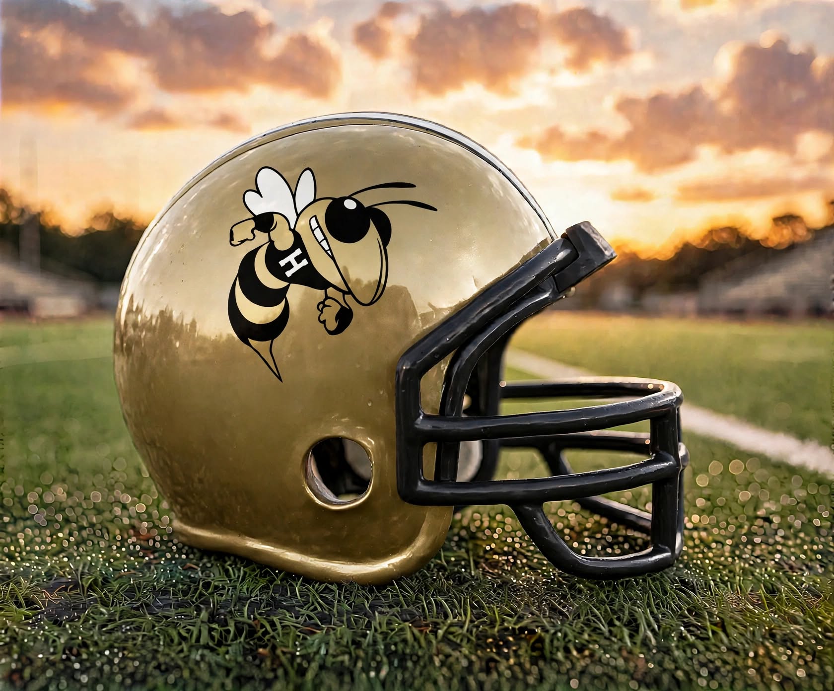Gold custom spirit helmet with black hornet mascot decal
