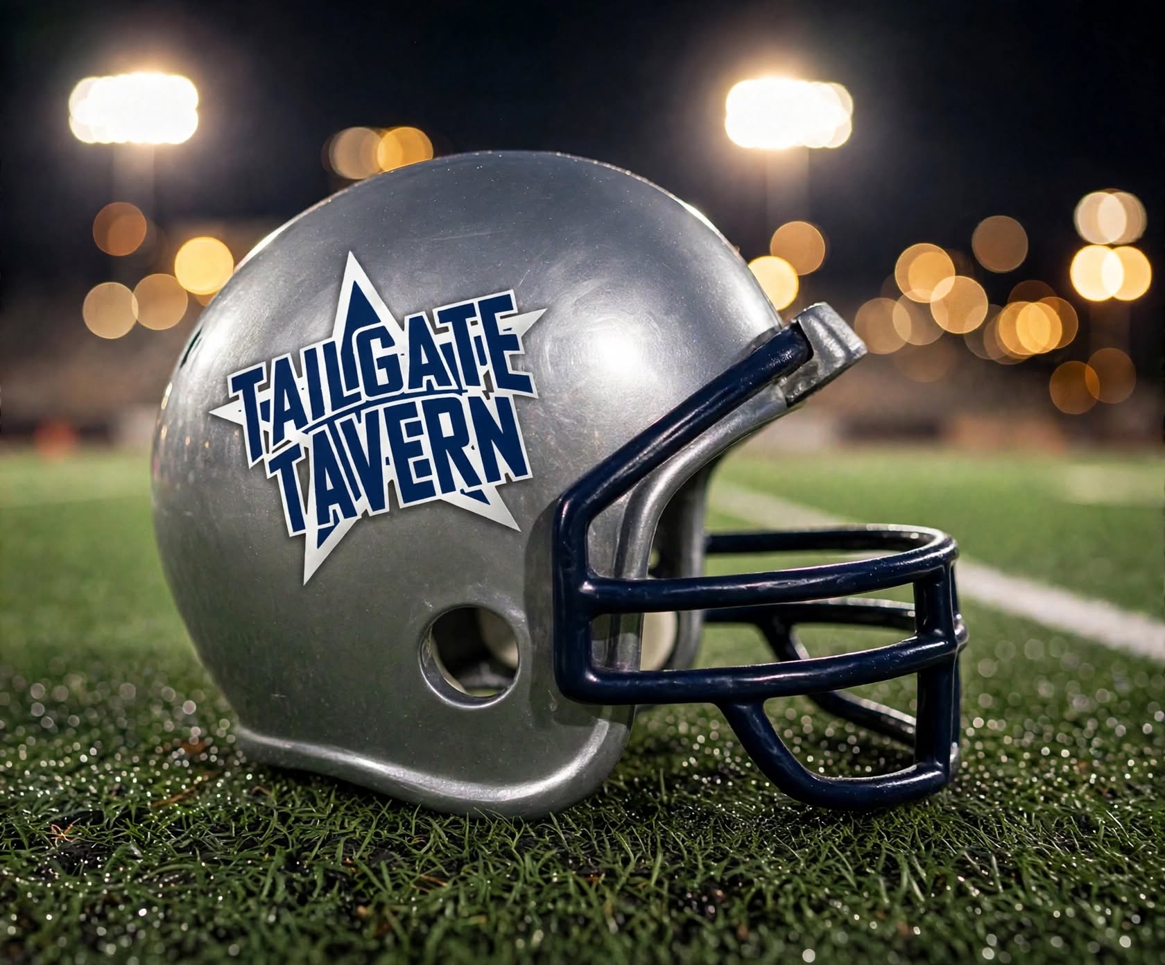 Silver Tailgate Tavern spirit helmet with a navy facemask on a lit stadium field